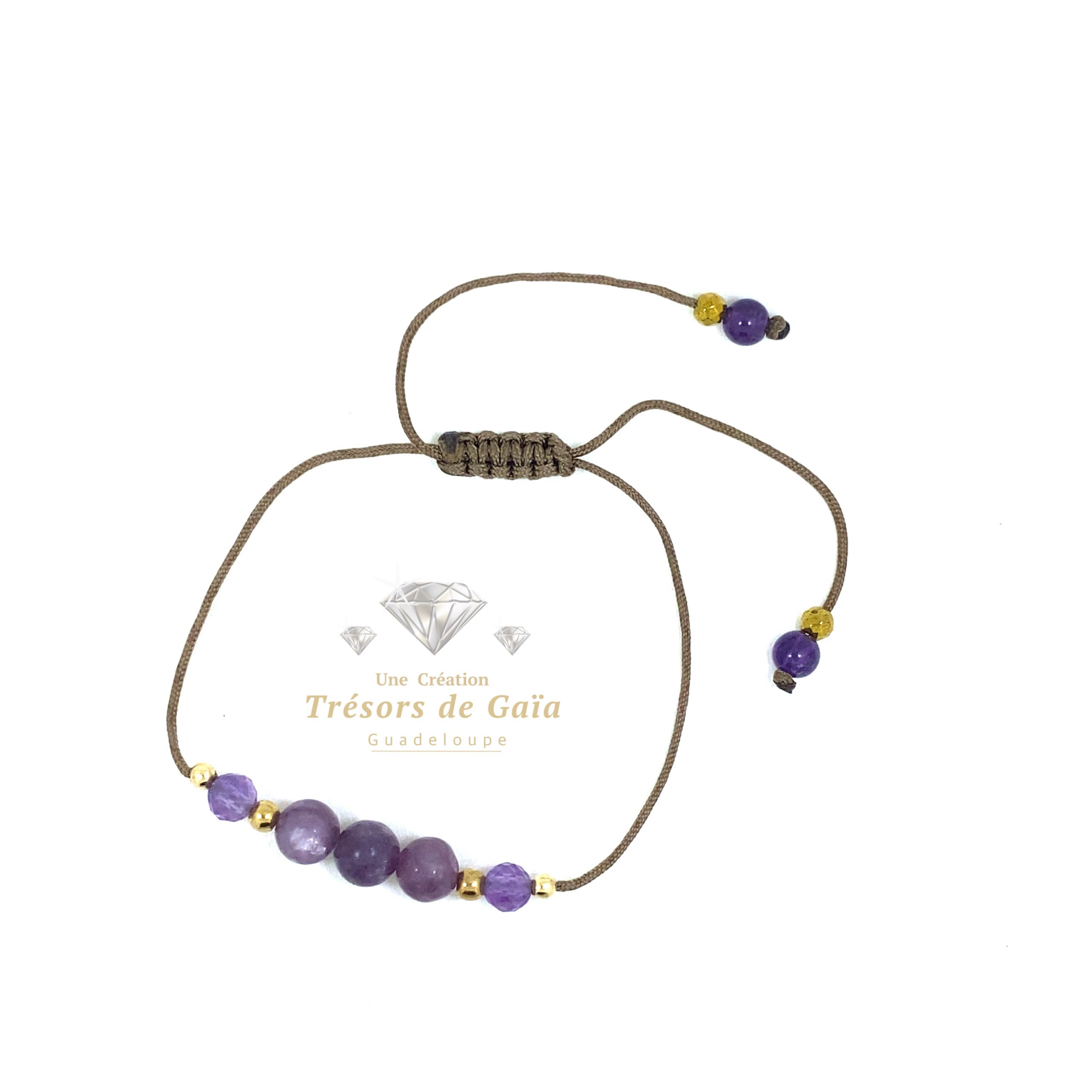 Talisman Anti-Stress et Relaxation- Lépidolite et Améthyste - Bracelet Cordon Réglable Taupe – Image 2