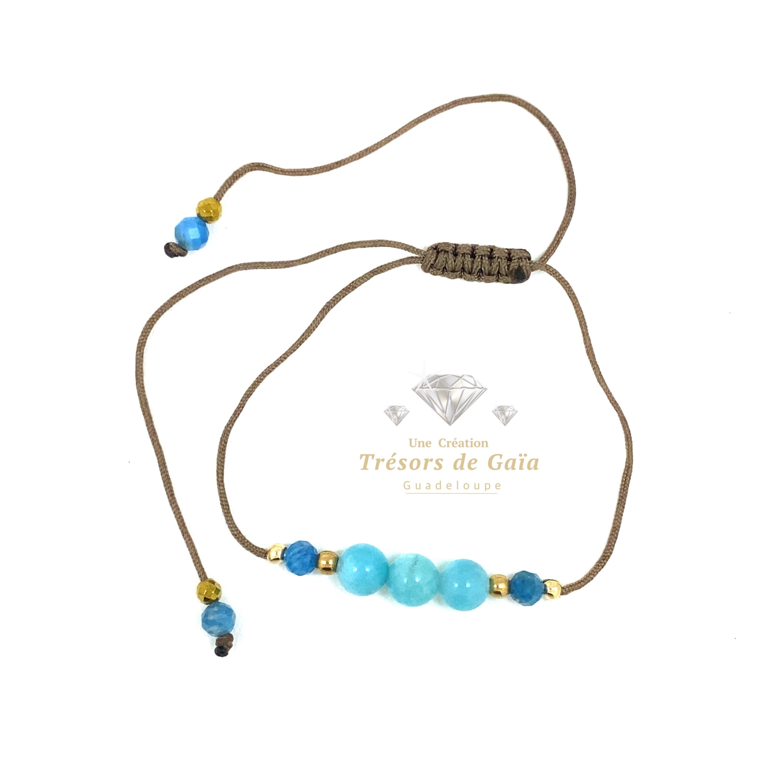 Talisman Apaisement et Créativité - Amazonite et Apatite Bleue- Bracelet Cordon Réglable Taupe – Image 2