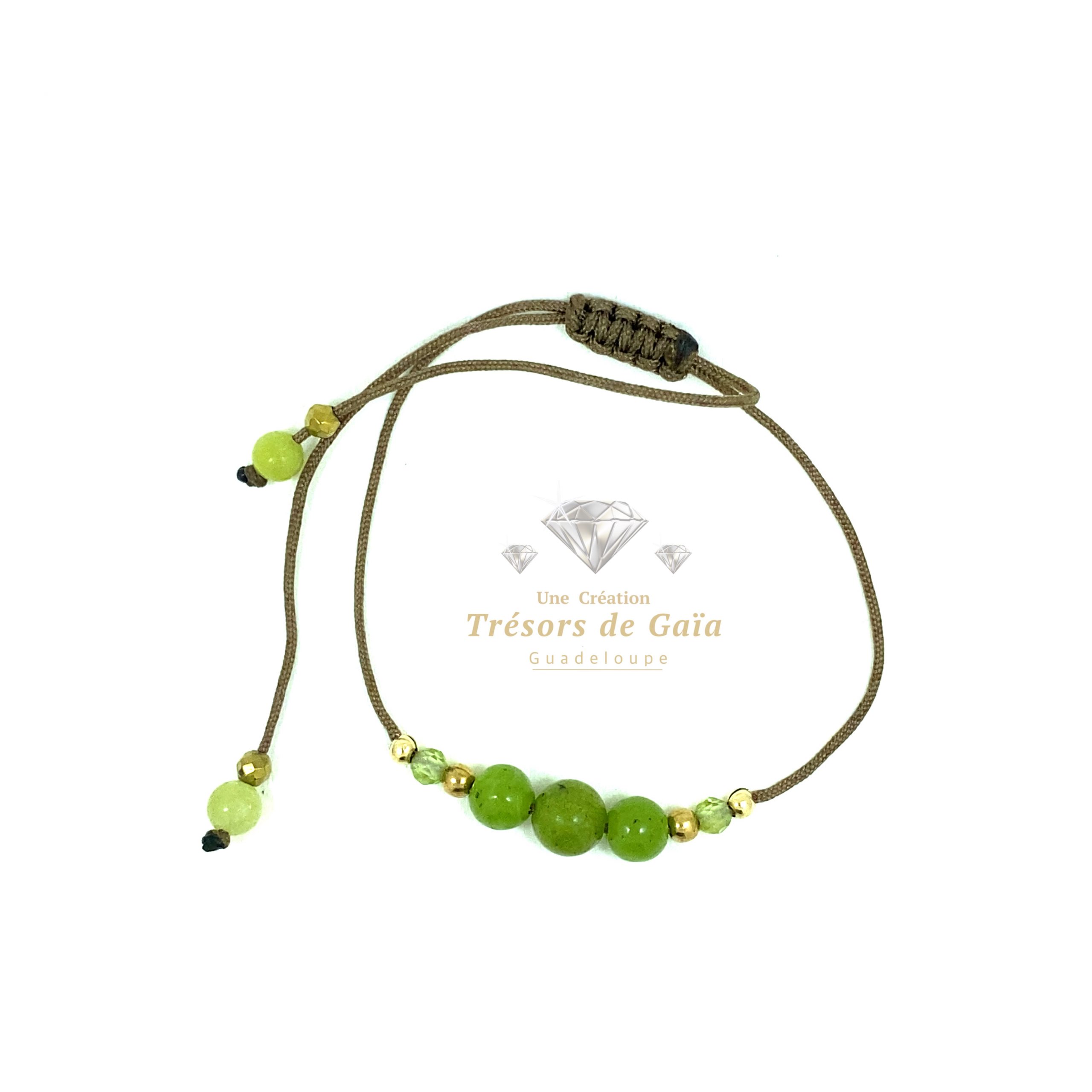Talisman Anti-Stress et Réussite - Jade Néphrite et Péridot - Bracelet Cordon Réglable Taupe – Image 2