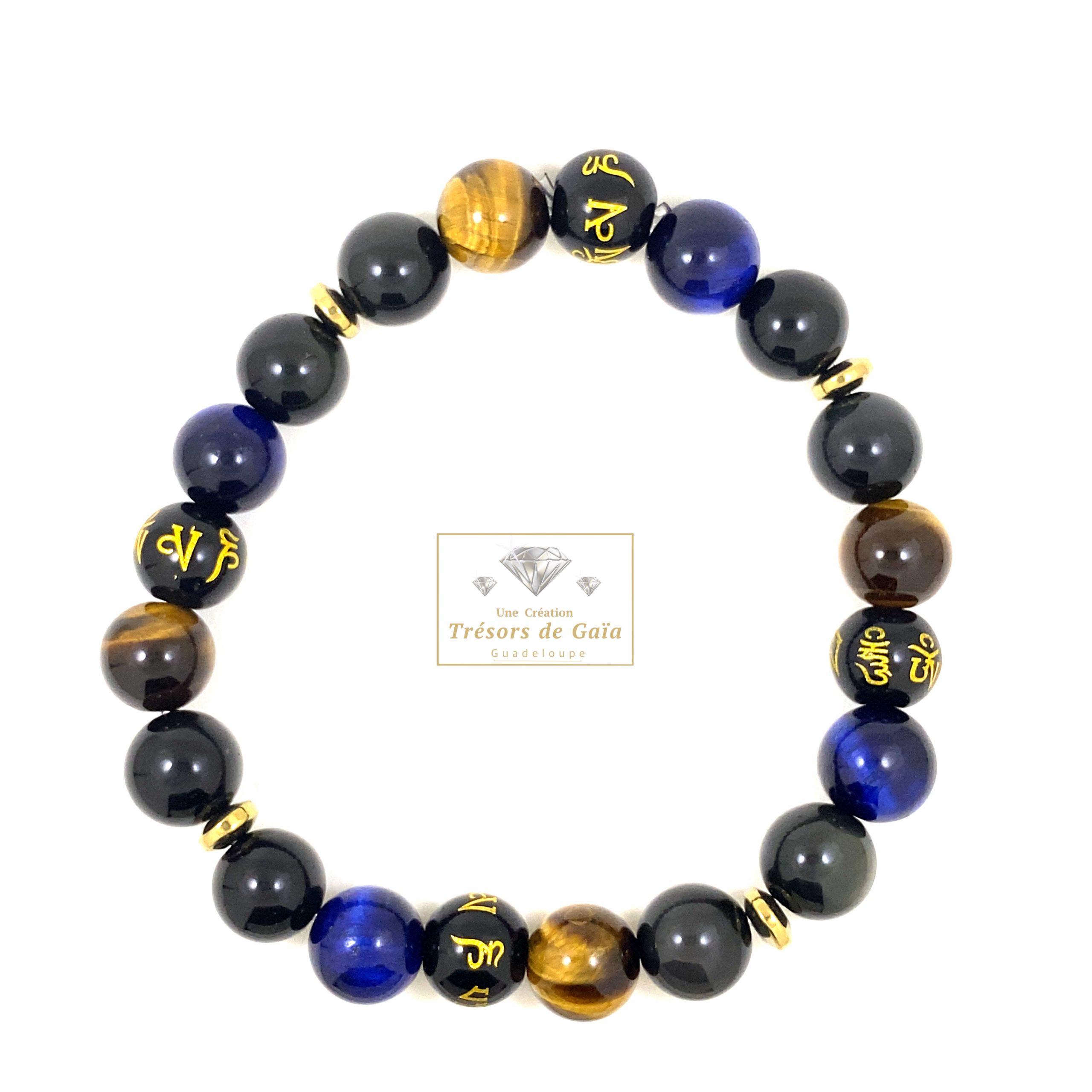 Bracelet Protection et Réussite - Mantra et Oeil de Tigre Bleu Électrique - Élastique – Image 2