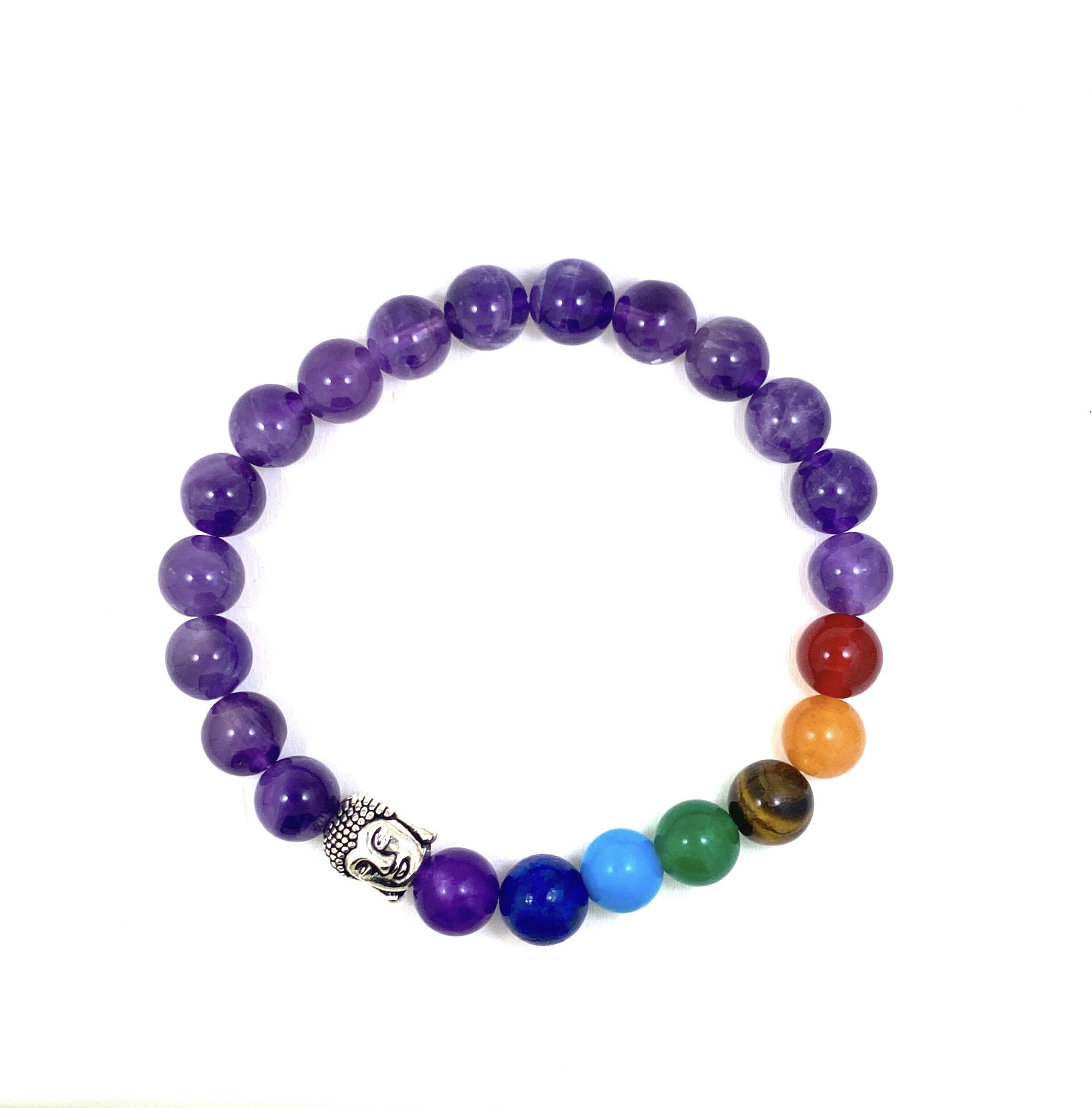 Bracelet élastique 8mm - 7 Chakras et Améthyste - Bouddha Fantaisie Argenté – Image 2